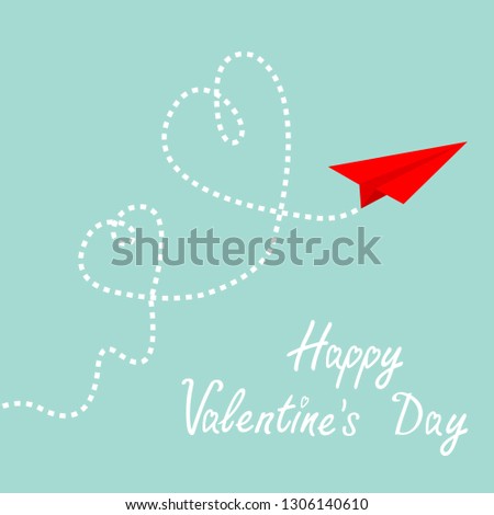 Happy Valentines day. Red origami paper plane. Two dash heart loop in the sky. Love card. Flat design. Blue background. Isolated.