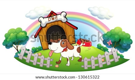 Illustration of a doghouse inside the fence with a puppy on a white background