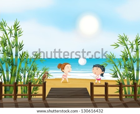 Illustration of the two young girls playing volleyball at the beach