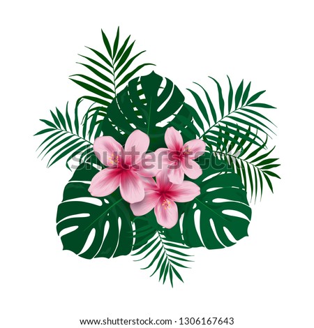 Tropical flower bouquet of green palm leaves, leaves of monstera and flowers of hibiscus. Exotic template for design, print, poster, party, spring, summer background, clip art, t-shirt. Vector.