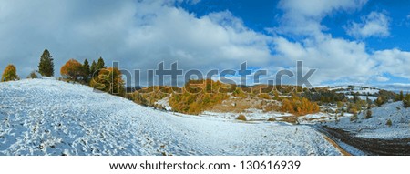 October Carpathian mountain panorama with first winter, dirty road and family on walk. Five shots composite picture.