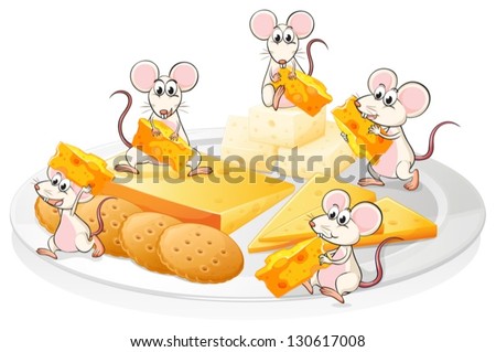 Illustration of the five mice with cheese and biscuits on a white background