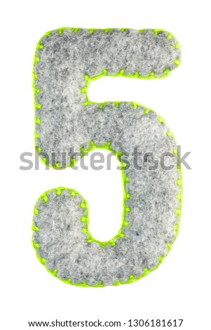 Number 5. Hand made number Five from grey felt isolated on white background. Set of numbers from grey felt toys. Soft font with rounded edges for use in design