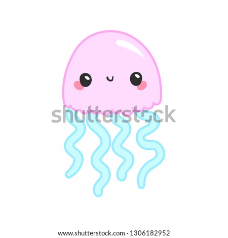 Kawaii vector rose pink jellyfish, japanese and korean cute style animal emoji, tiny small medusae with big eyes and curled tentacles, isolated on white 