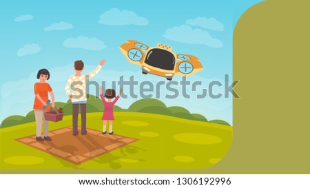 Flying Taxi Picks up Family after Picnic. Family Outdoor Recreation. Unmanned Passenger Drone. Flying Car. Banner or Landing Page. Summer Rest. Our Future. Spring Adventures. Cartoon and Flat Style. Royalty-Free Stock Photo #1306192996