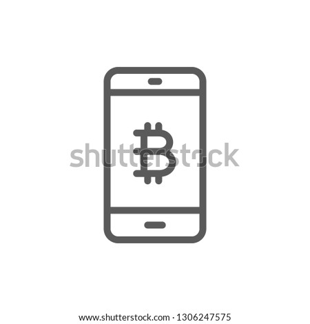 Smartphone display with bitcoin sign, blockchain line icon.