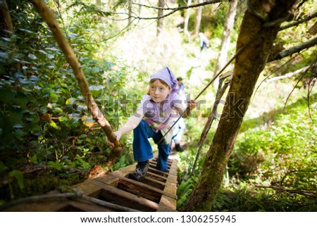 Young girl climbing a ladder in a forest.