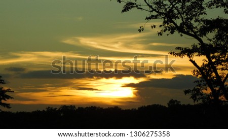 The golden sunset of the Virginia Mountain in the summer setting sun with trees in the foreground with the light blue sky