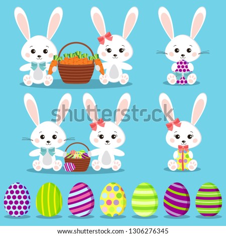 Happy Easter set: isolated funny rabbits with colorful eggs. Cute baby bunnys in sitting pose holding basket with carrot and eggs collection, egg shaped gift. Vector illustration in cartoon flat style