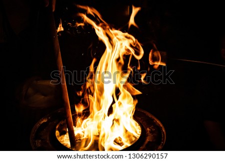 Fire in the dark. Marshmallows in some photos. Party. Bonfire. Flames.