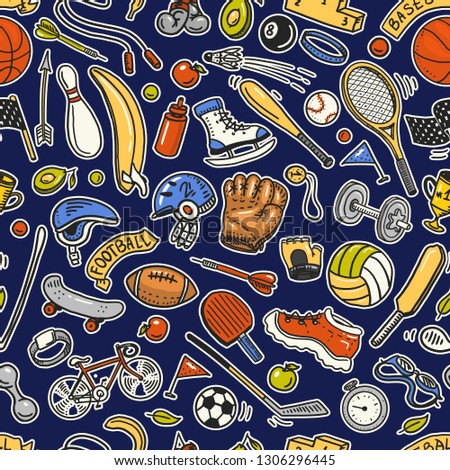 Seamless pattern sport icons doodle style. Equipment for fitness and training. Symbols of health and activity. Tennis and football, basketball. Games for the gym. Background for web site.