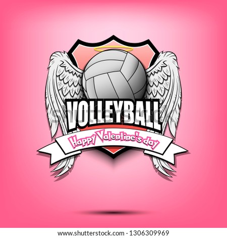 Happy Valentine day. Volleyball logo template design. Volleyball ball with wings and nimbus. Pattern for banner, poster, greeting card, party invitation. Vector illustration