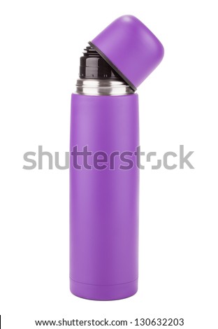 Purpure plastic covered metal thermos isolated on a white background