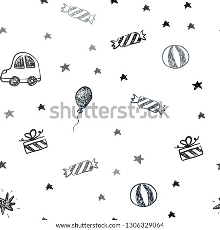 Dark BLUE vector seamless pattern in christmas style. Colorful illustration with a toy car, baloon, candy, star, ball. Template for new year postcards.