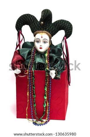 Mardi Gras Jack in The Box Clown with beads isolated on white background