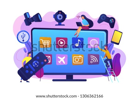 Tiny people using smart television connected to modern digital devices. Smart TV accessories, interractive TV entertainment, gaming TV tools concept. Bright vibrant violet vector isolated illustration