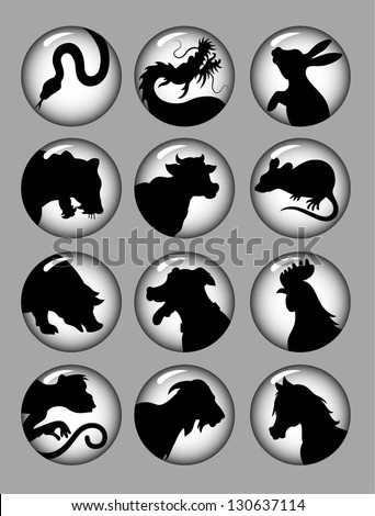 Chinese Zodiac Black and White. Animal silhouette icons with circle gradation background. Easy to use because each item is a group.