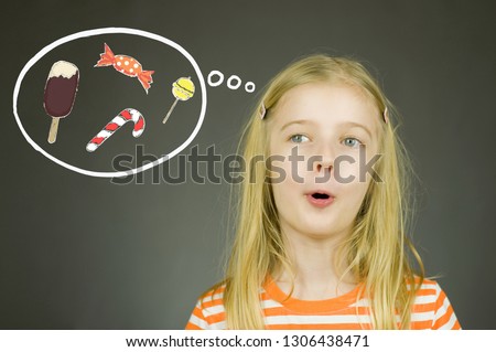 Beautiful girl dreams of sweets. Set of drawn doodle foods. Stock photo