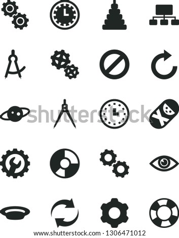 Solid Black Vector Icon Set - prohibition vector, clock face, renewal, clockwise, stacking toy, tumbler, cogwheel, gear, eye, plate, gears, scheme, ring diagram, wall watch, drawing compass, saturn