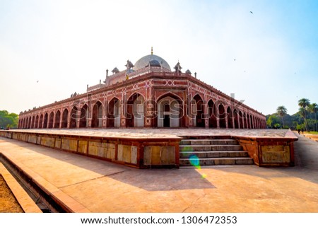 Humayun Tomb - Majestic views of the first garden-tomb on the Indian subcontinent. The Tomb is an excellent example of Persian architecture. Located in the Nizamuddin East area of Delhi, India.  Royalty-Free Stock Photo #1306472353