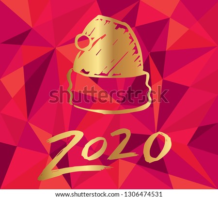 Gold 2020 New Year with Santa Hat and Red Polygon Background. Vector Illustration for Graphic Design, Card, and Poster.