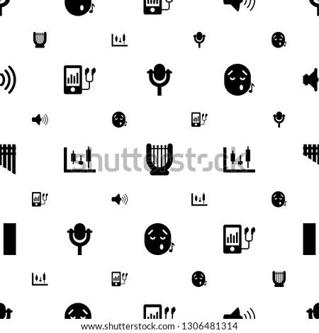 sound icons pattern seamless white background. Included editable filled microphone, harp, volume, mp player, panel control, emoji listening music icons. sound icons for web and mobile.