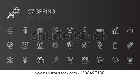 spring icons set. Collection of spring with forest, flowers, plant, rose, umbrella, tree, ladybug, birch, branch, birdhouse, sun, trees, rabbit. Editable and scalable spring icons.