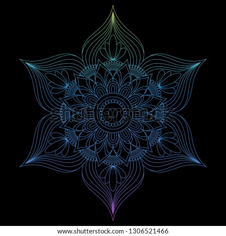 Round gradient mandala on Black isolated background. Vector boho mandala in pink colors. Mandala with floral patterns. Circular pattern in form of mandala for Henna, Mehndi, tattoo, decoration.