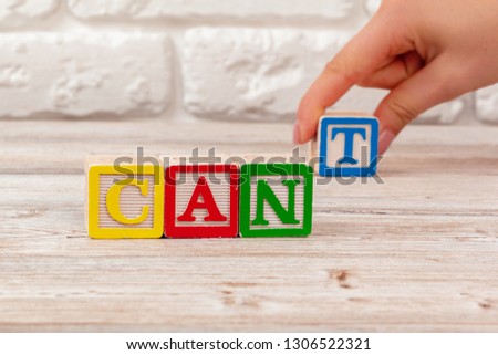 Wooden toy Blocks with the text: can't