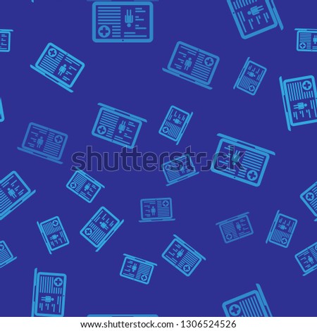 Blue Medical clipboard with clinical record icon isolated seamless pattern on blue background. Health insurance form. Document: prescription, medical check marks report. Vector Illustration