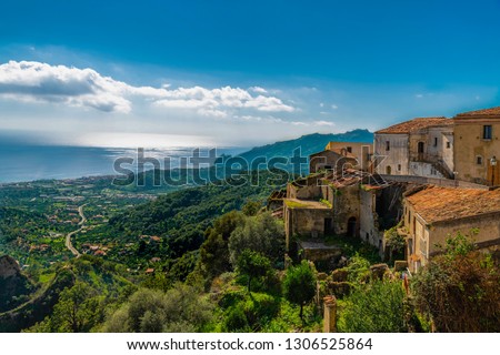 Landscape and cityscape of the famous mountain sicilian village Savoca in Sicily, Italy