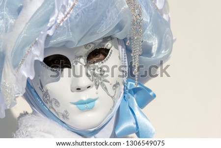 Reveller In Traditional Elaborate Mask And Costume At Venice Carnival (Carnevale di Venezia). Venice, Veneto, Italy, Europe
