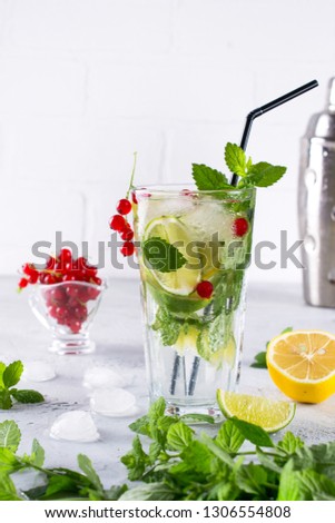Cold summer homemade fruit and berries lemonade. Mojito, lemonade or sangria in glass. 