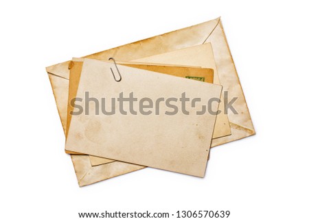 Mockup of old vintage paper envelopes and post cards with clip isolated on white background