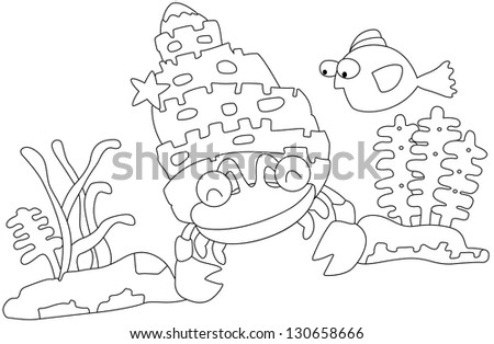 Illustration of a hermit crab and fish on a white background  (EPS vector version id 130149065,format also available in my portfolio)