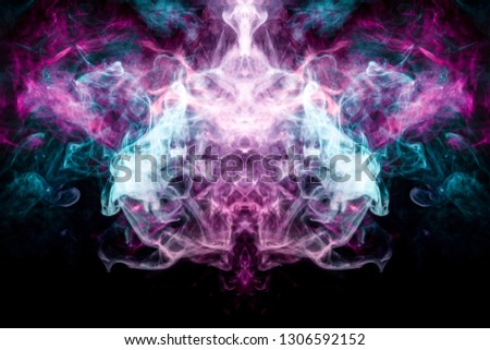 Pink and blue cloud of smoke of  black isolated background in the form of a skull, monster, dragon on a black isolated background. Mocap for cool t-shirts
