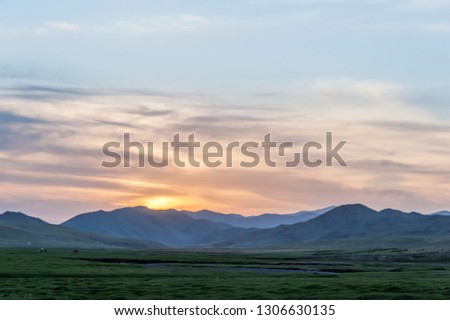 Mongolia. Landscape at sunset. Gold hour.
