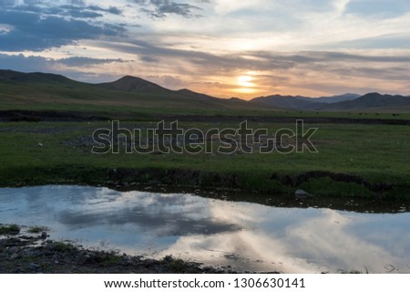 Mongolia. Landscape at sunset. Gold hour.