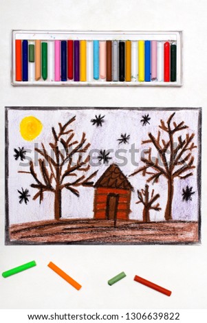Colorful drawing: Night landscape. A small house in the forest
