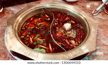Ma la Hot Pot or Szechuan Spicy Hot Pot , the traditional Chinese numbing and spicy recipe 