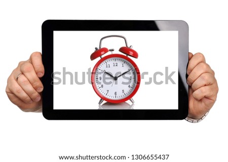 Man hoding black tablet frame in hand isolated on white closeup. Can insert an image your text for the concept or project development to mobile applications, their advertising for mobile devices