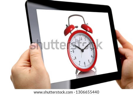 Man hoding black tablet frame in hand isolated on white closeup. Can insert an image your text for the concept or project development to mobile applications, their advertising for mobile devices