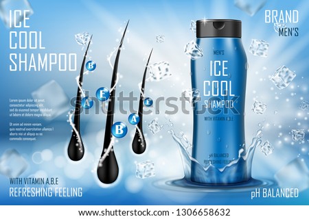 Cooling men s shampoo gel with splashing water and ice cubes . Realistic plastic hair shampoo packaging ad for poster. men s care product design. 3d vector illustration Royalty-Free Stock Photo #1306658632