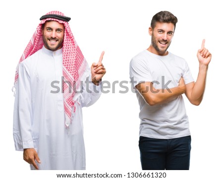 Collage of handsome young man and arab man over isolated background with a big smile on face, pointing with hand and finger to the side looking at the camera.