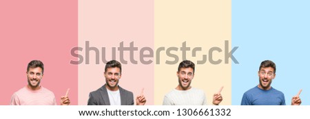 Collage of handsome young man over colorful stripes isolated background with a big smile on face, pointing with hand and finger to the side looking at the camera.