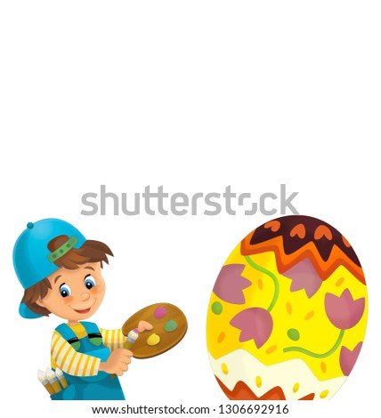 cartoon happy scene with kid boy painting giant easter egg on white background - illustration for the children
