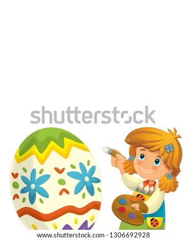 cartoon happy scene with kid girl painting giant easter egg on white background - illustration for the children