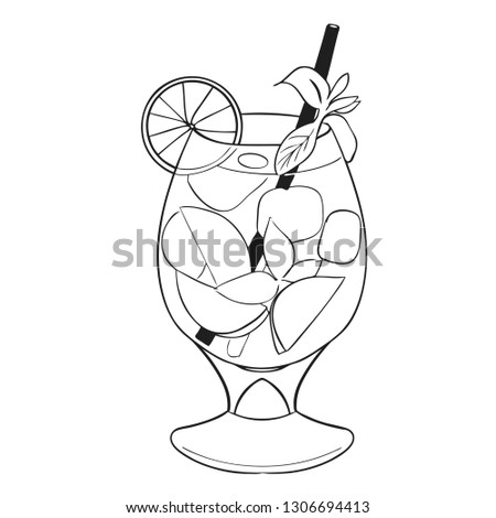 Refreshing Mojito cocktail with lime and mint in a tall glass with a straw and ice. Vector