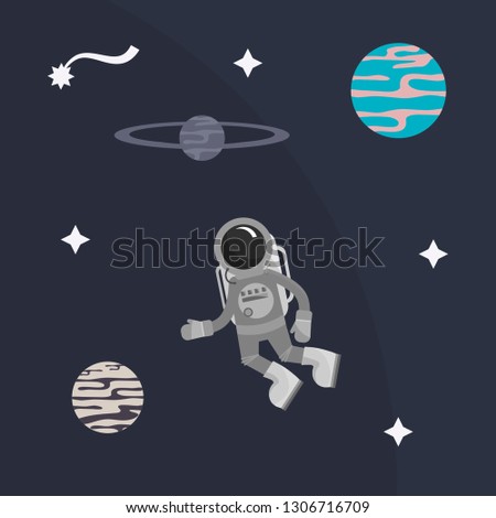 Flat cosmic set cute astronaut and planets, stars