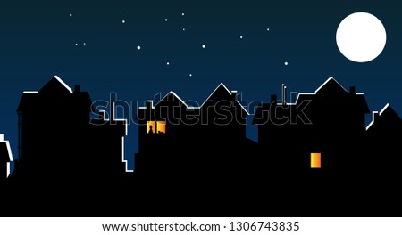 Silhouettes of houses with luminous windows on the background of the night sky with the moon and stars. In one of the apartments in the window you can see the silhouettes of a man and a cat. Vector il
